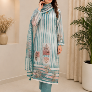 aqua teal striped embroidered floral patch work burberry unstitched suit
