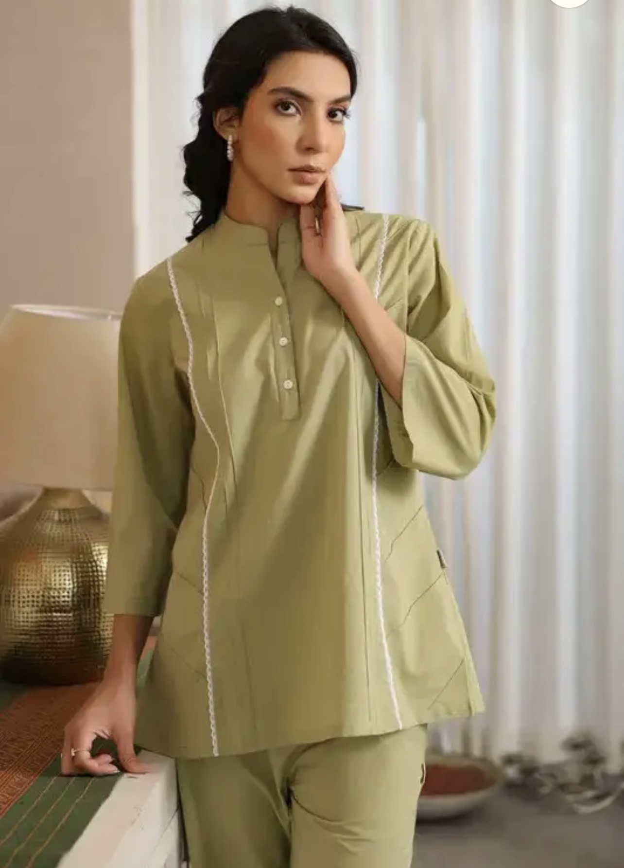 sage green with lace detailing cotton co ord set sage green with lace detailing cotton co ord set
