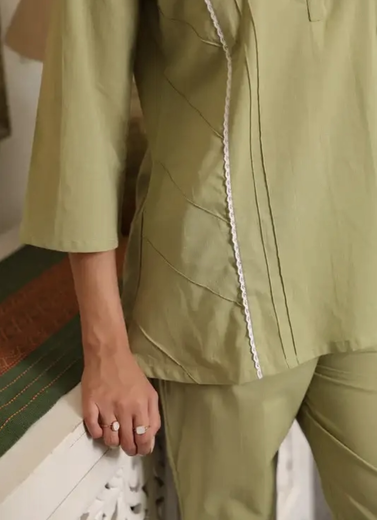 sage green with lace detailing cotton co ord set sage green with lace detailing cotton co ord set