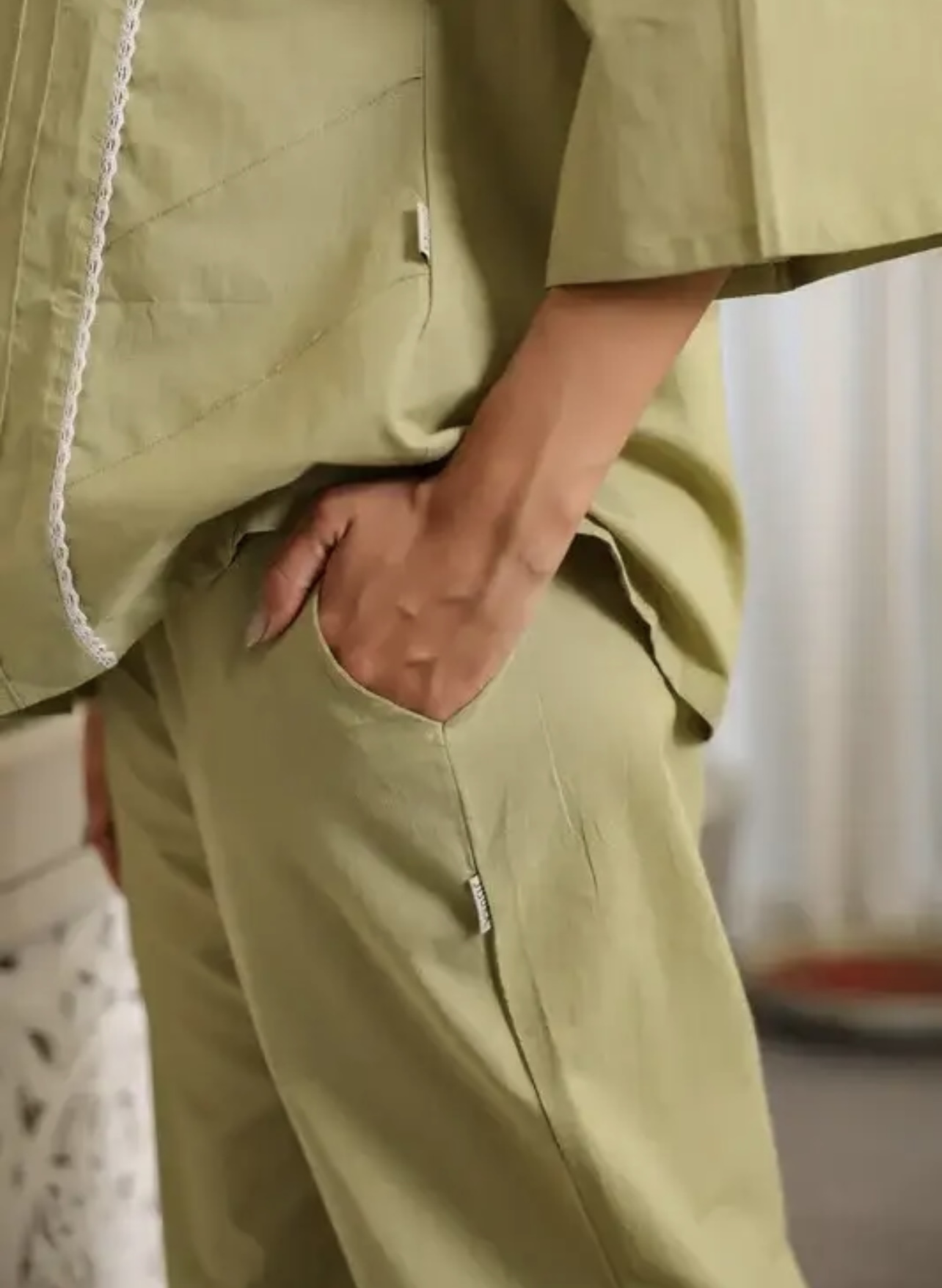 sage green with lace detailing cotton co ord set sage green with lace detailing cotton co ord set