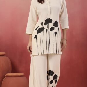 ivory & black handbrush floral russian silk co ord set