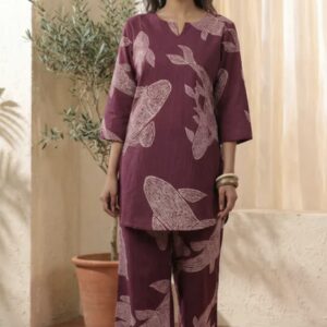 purple fish motif printed cotton co ord set