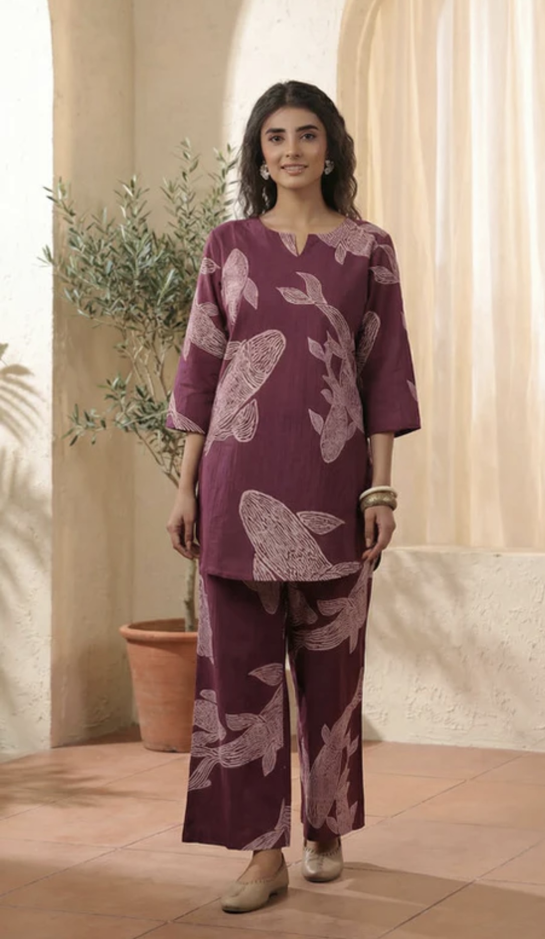 purple fish motif printed cotton co ord set purple fish motif printed cotton co ord set
