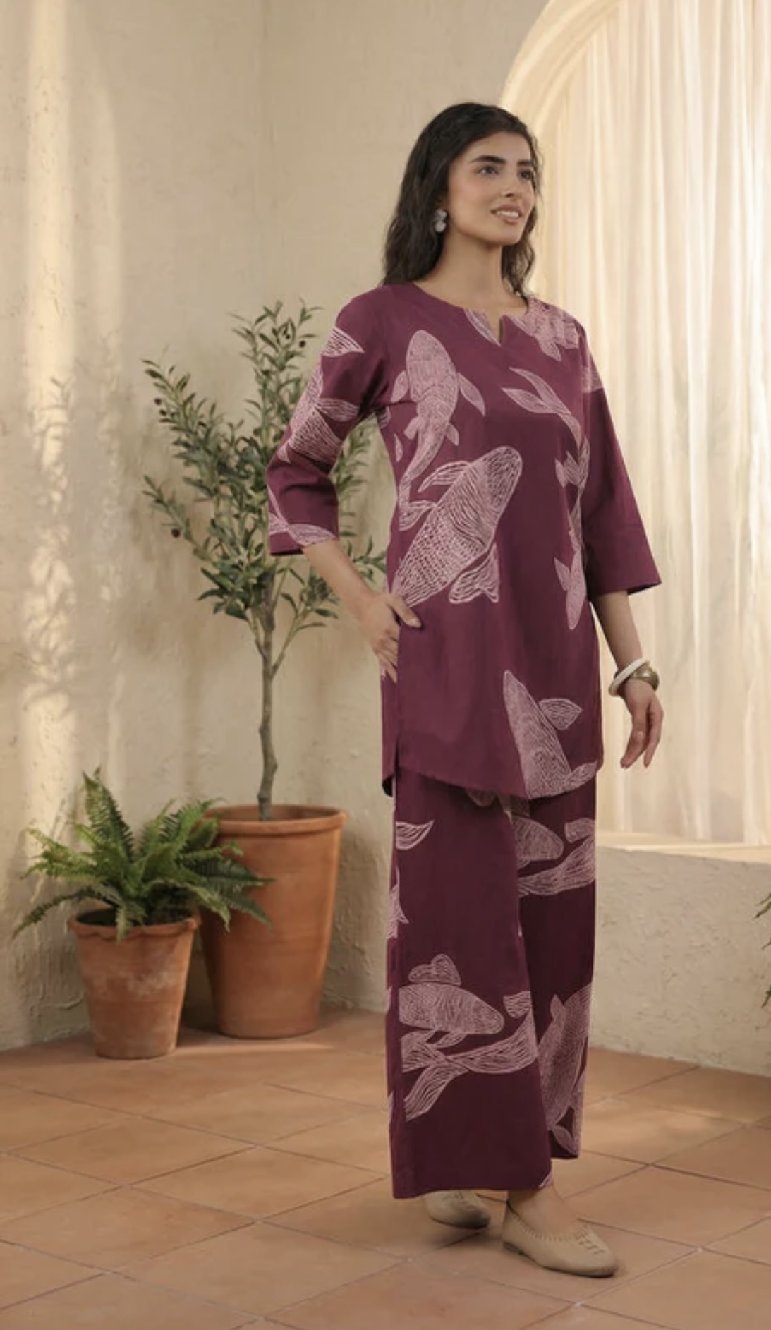 purple fish motif printed cotton co ord set purple fish motif printed cotton co ord set