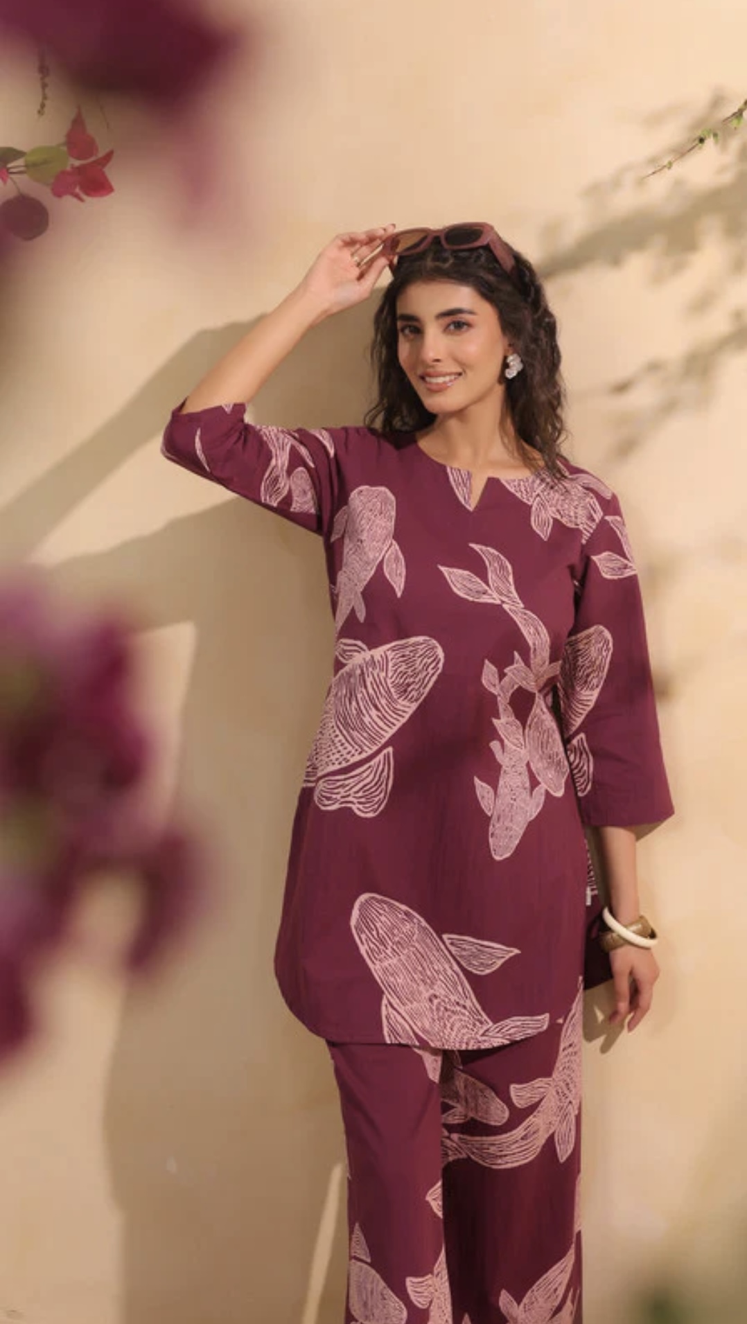 purple fish motif printed cotton co ord set purple fish motif printed cotton co ord set