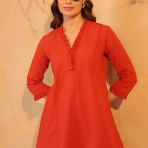 rust orange v neck ruffle style co ord set