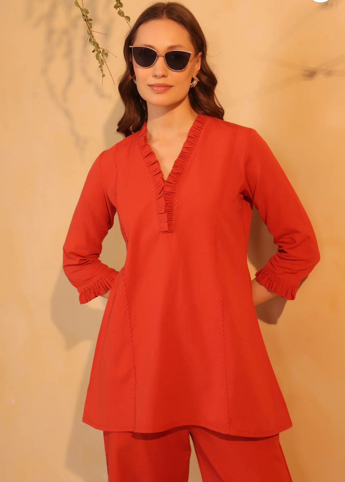 rust orange v neck ruffle style co ord set rust orange v neck ruffle style co ord set