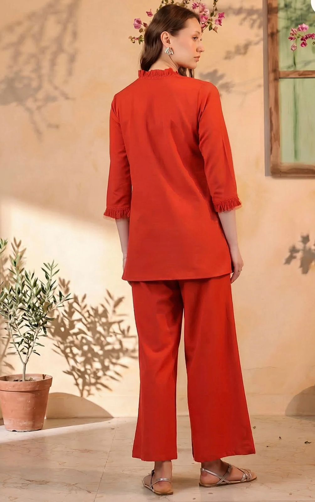 rust orange v neck ruffle style co ord set rust orange v neck ruffle style co ord set