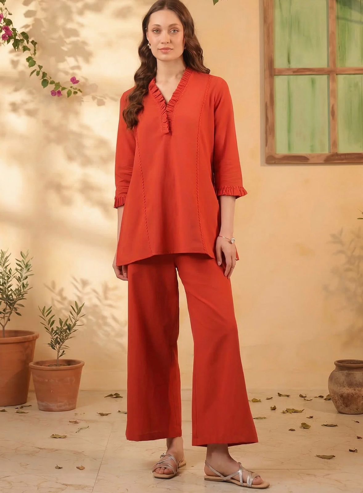 rust orange v neck ruffle style co ord set rust orange v neck ruffle style co ord set