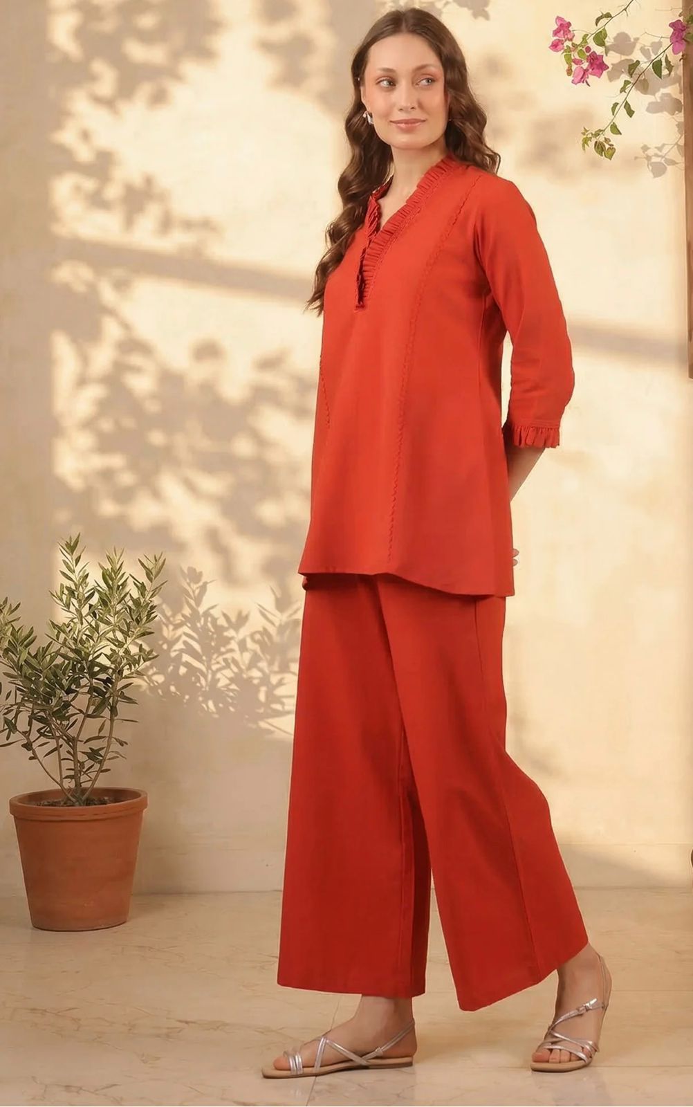rust orange v neck ruffle style co ord set rust orange v neck ruffle style co ord set
