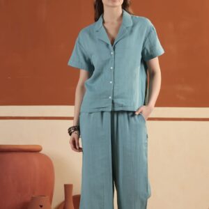 blue solid cotton button down short sleeve co ord set