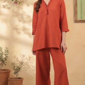 rust orange v neck ruffle style detail solid cotton flex co ord set