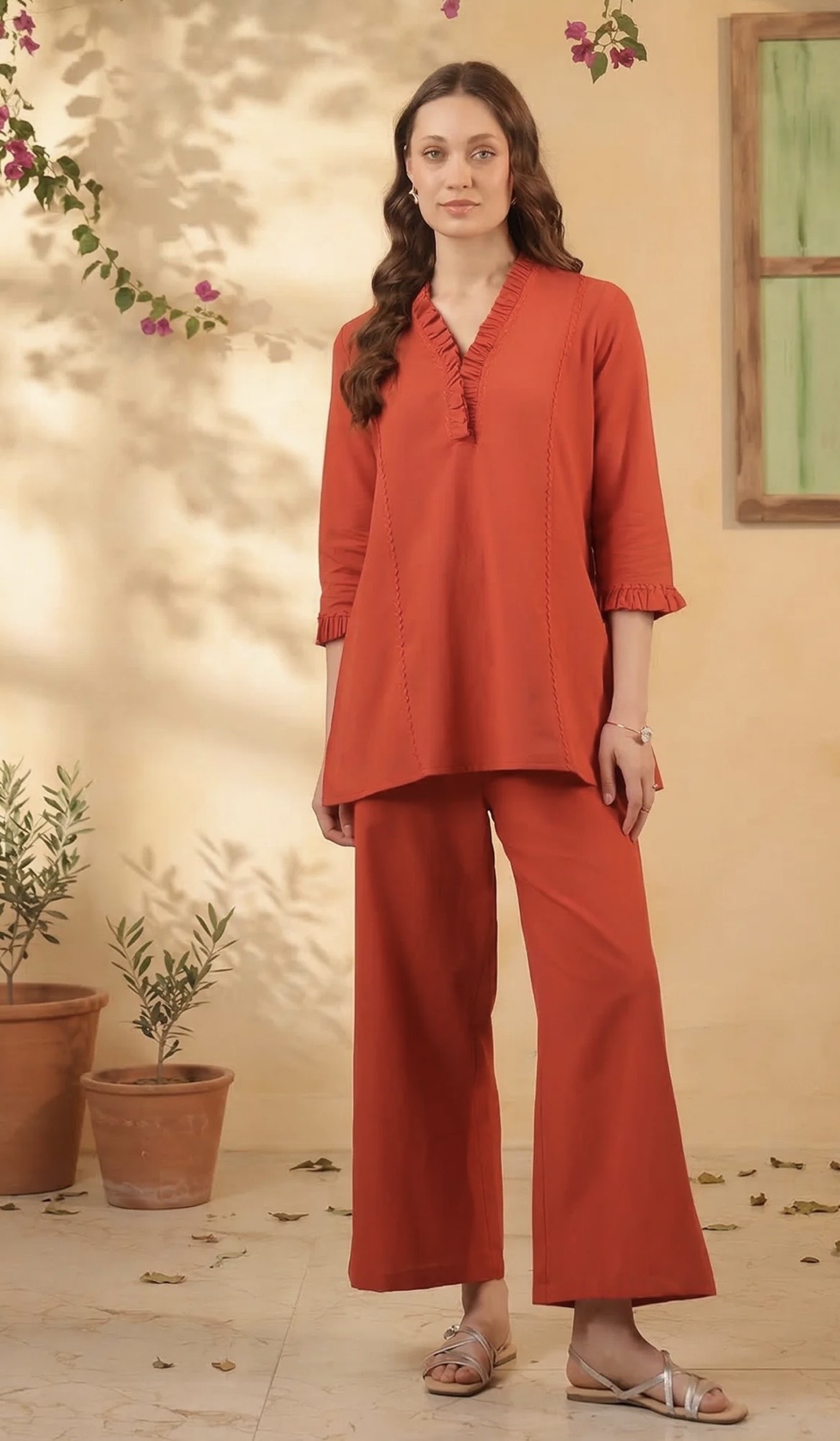 rust orange v neck ruffle style detail solid cotton flex co ord set rust orange v neck ruffle style detail solid cotton flex co ord set