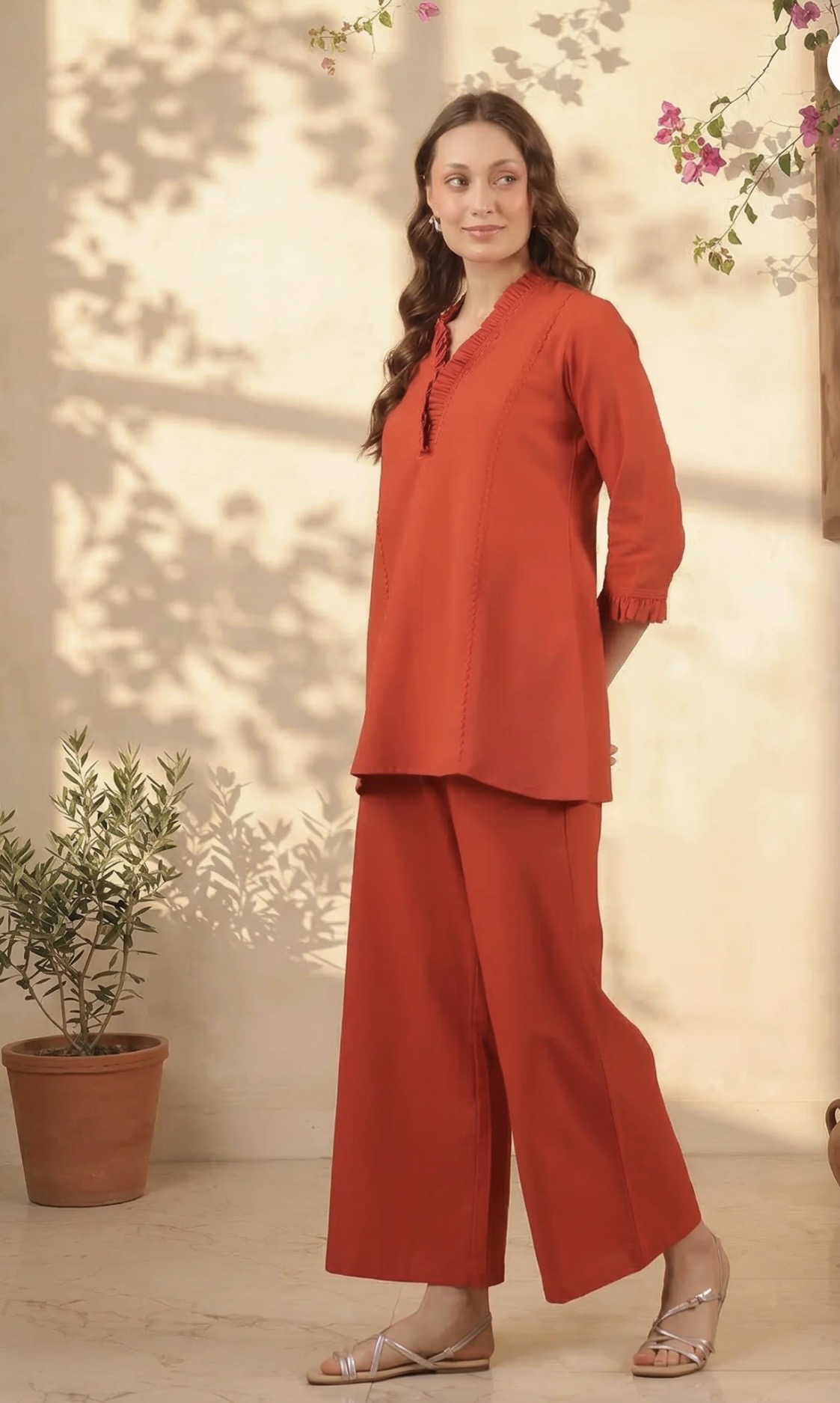 rust orange v neck ruffle style detail solid cotton flex co ord set rust orange v neck ruffle style detail solid cotton flex co ord set