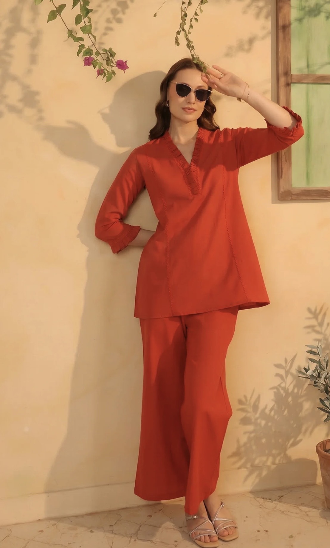 rust orange v neck ruffle style detail solid cotton flex co ord set rust orange v neck ruffle style detail solid cotton flex co ord set