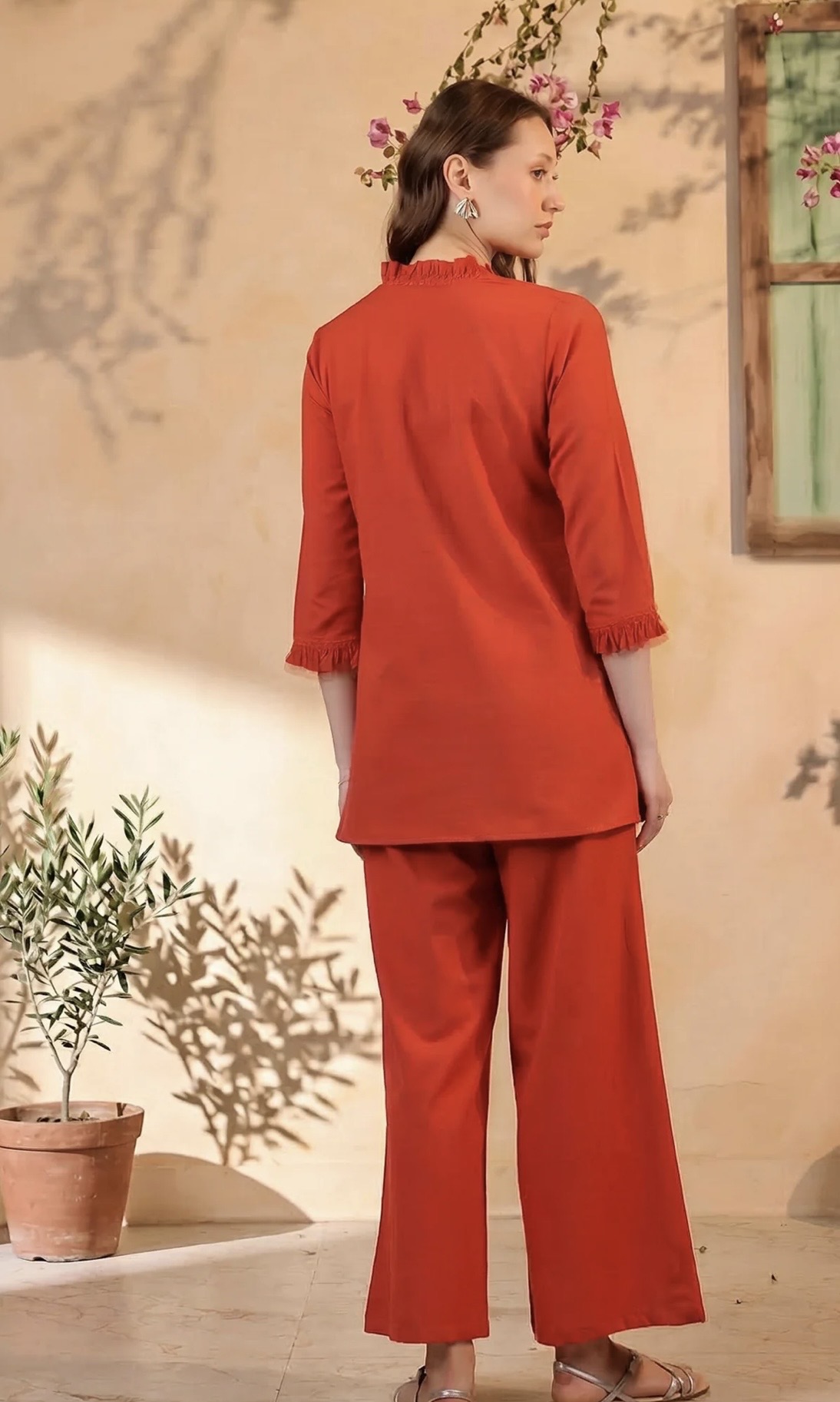 rust orange v neck ruffle style detail solid cotton flex co ord set rust orange v neck ruffle style detail solid cotton flex co ord set