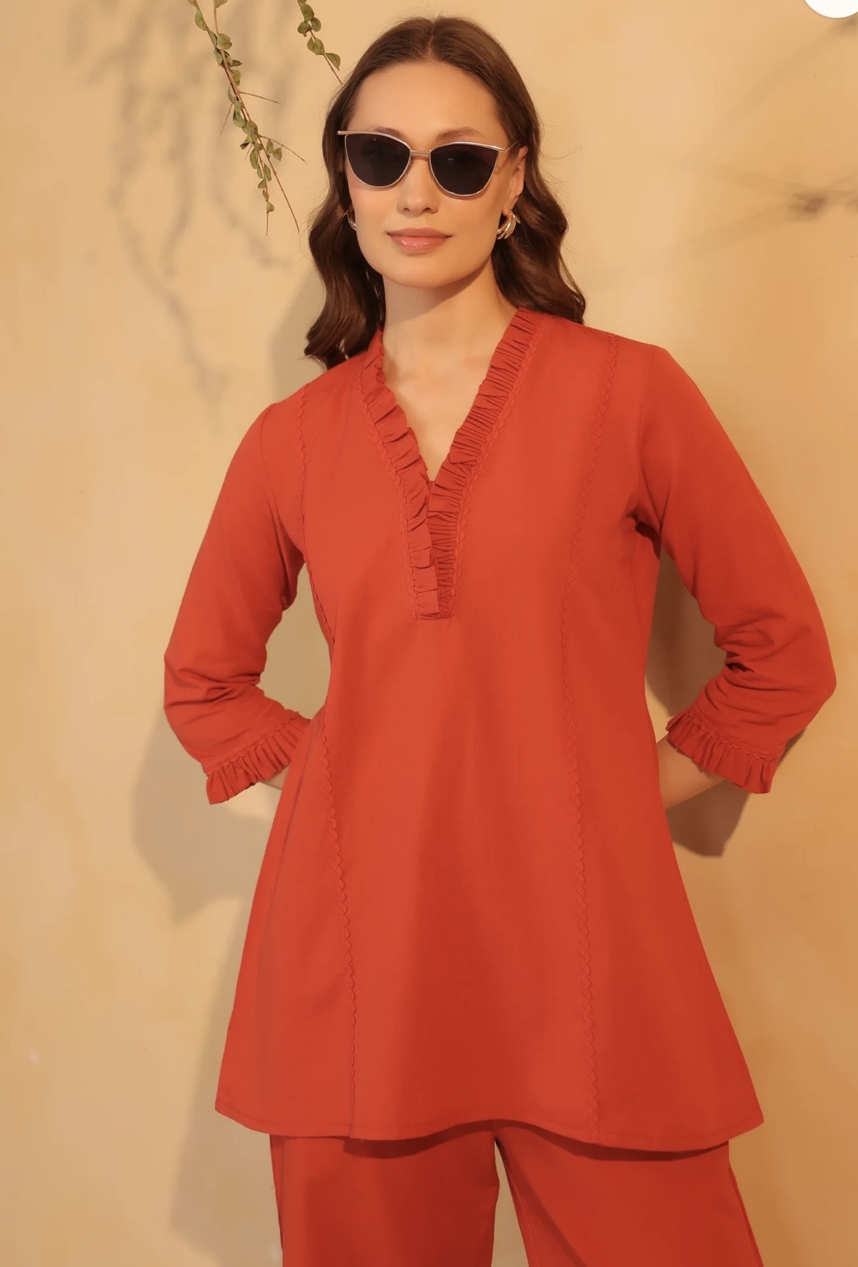 rust orange v neck ruffle style detail solid cotton flex co ord set rust orange v neck ruffle style detail solid cotton flex co ord set