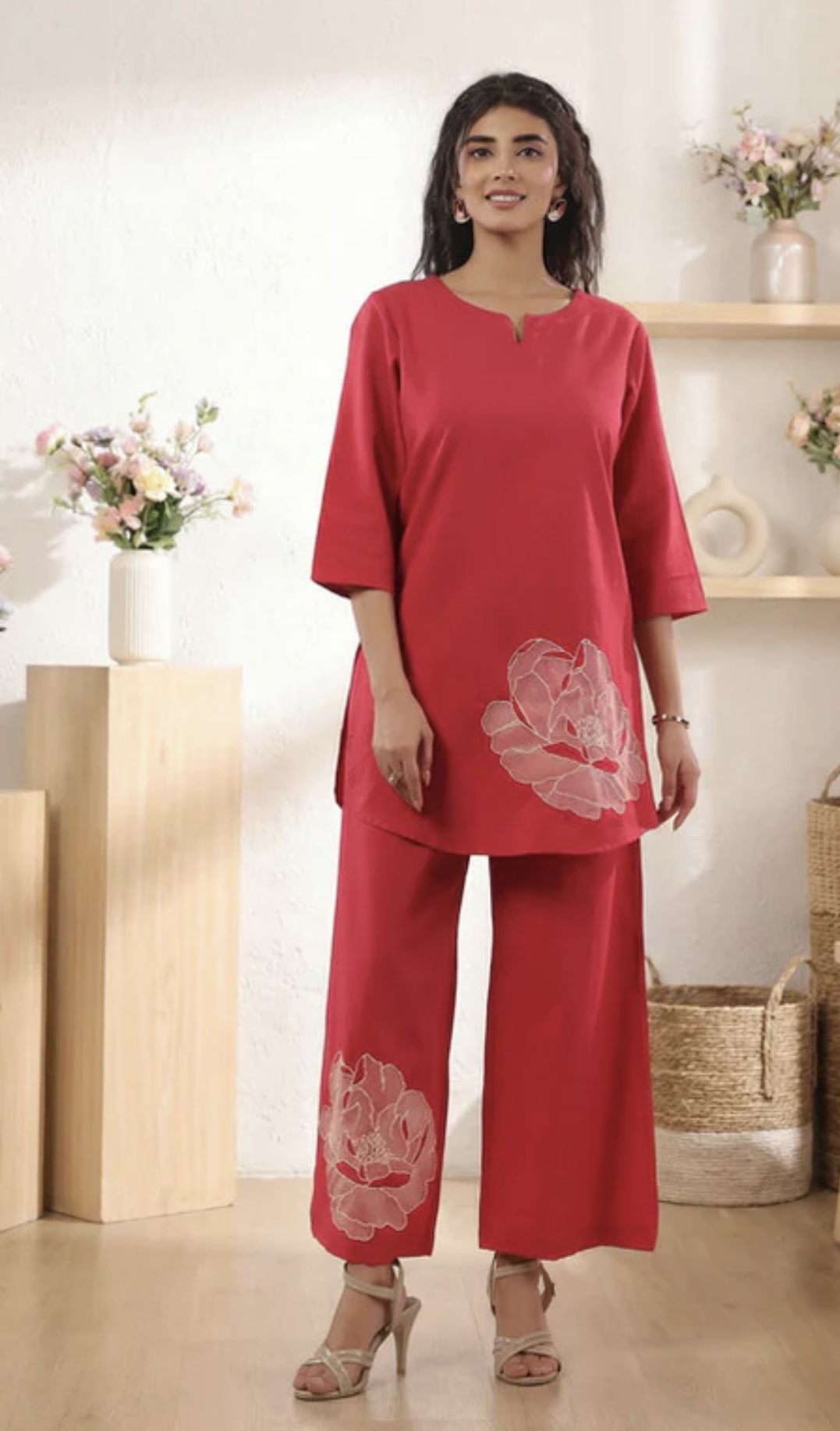 pink botanical floral embroidered cotton flex co ord set pink botanical floral embroidered cotton flex co ord set