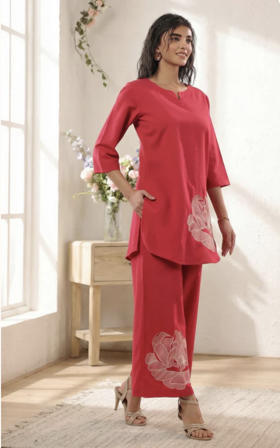 pink botanical floral embroidered cotton flex co ord set pink botanical floral embroidered cotton flex co ord set