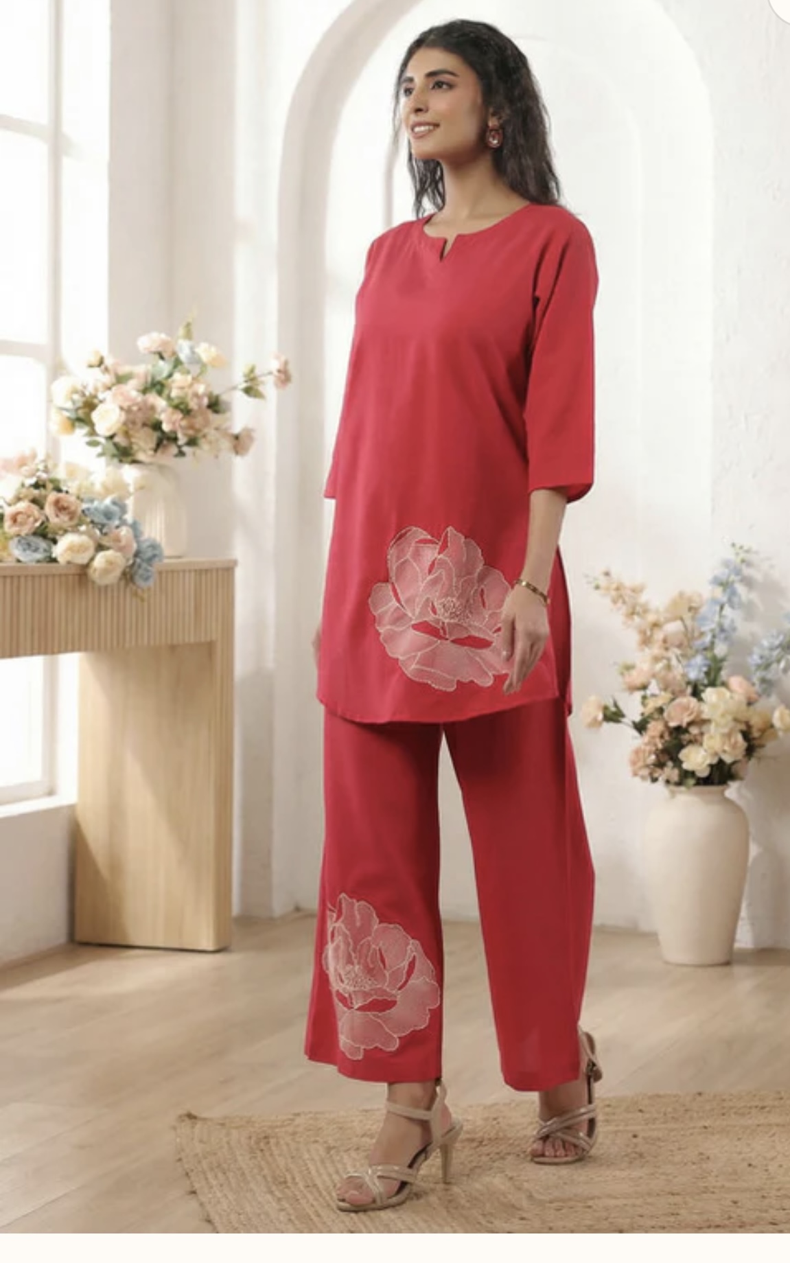 pink botanical floral embroidered cotton flex co ord set pink botanical floral embroidered cotton flex co ord set