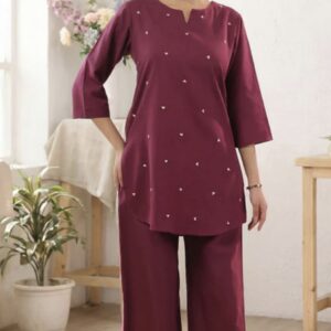 wine minimal heart motif embroidered cotton flex co ord set