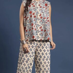 printed pure cotton sleeveless top & trouser co ord set