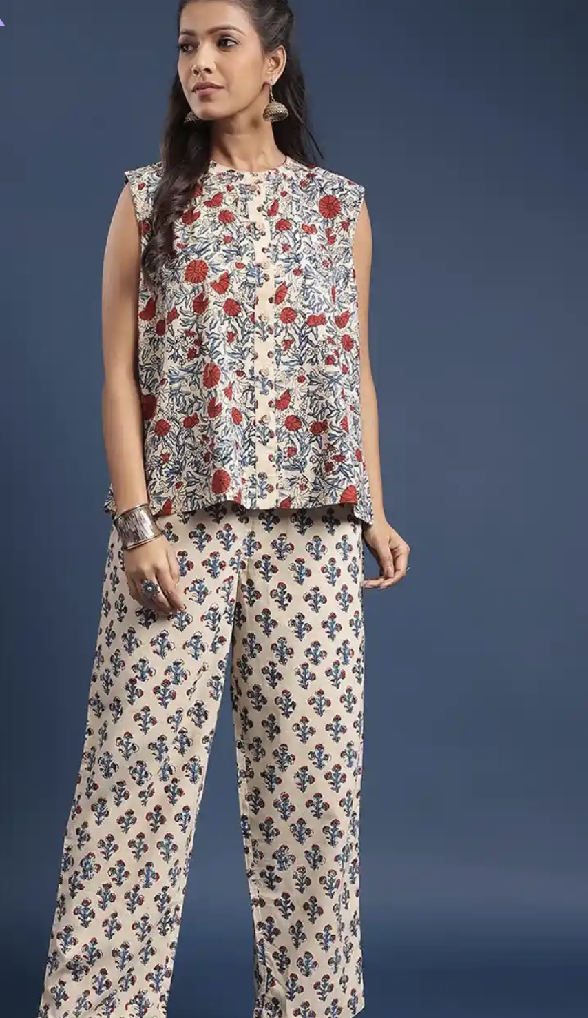 printed pure cotton sleeveless top & trouser co ord set printed pure cotton sleeveless top & trouser co ord set