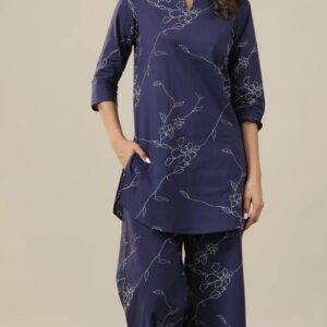patterned dots on dark blue cotton palazzo loungewear set